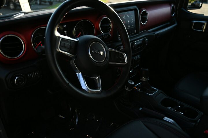 Jeep Wrangler JL interior with steering wheel and center console