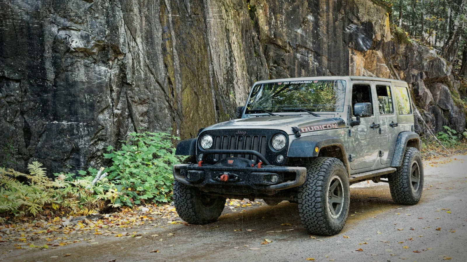 Jeep Wrangler Unlimited Rubicon on a rocky forest road